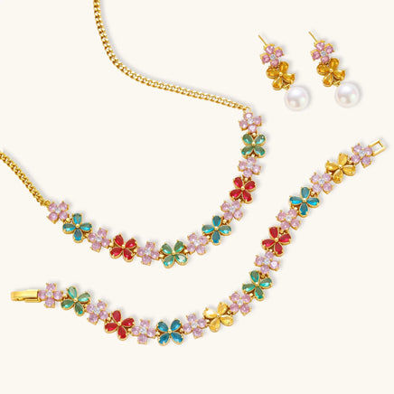 Garden Bloom multicolor floral necklace pearl drop earrings and matching bracelet | Olaty