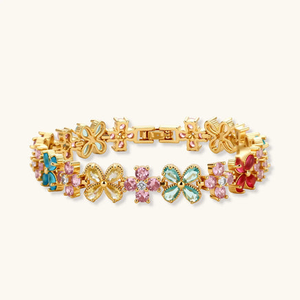 Garden Bloom multicolor zirconia floral bracelet with pink turquoise red and champagne stones | Olaty