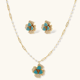 Sapphire Bloom floral necklace and statement earrings with blue and clear zirconia | Olaty