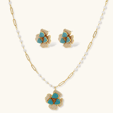 Sapphire Bloom floral necklace and statement earrings with blue and clear zirconia | Olaty