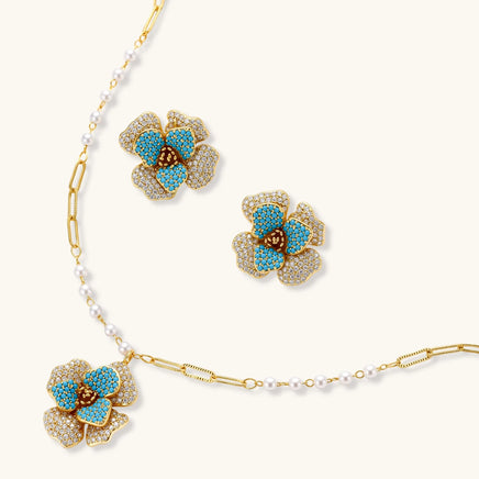 Sapphire blue zirconia flower jewelry set with necklace and earrings | Olaty