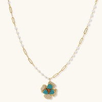 Sapphire Bloom flower pendant necklace with pearl-accented chain | Olaty