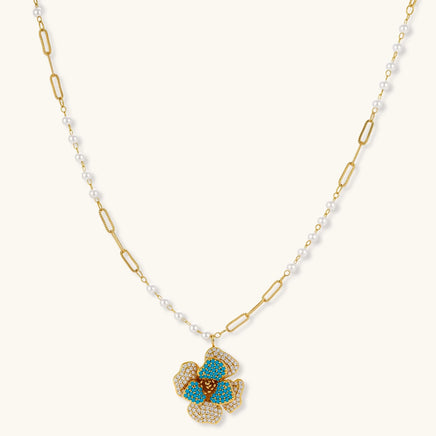 Sapphire Bloom flower pendant necklace with pearl-accented chain | Olaty