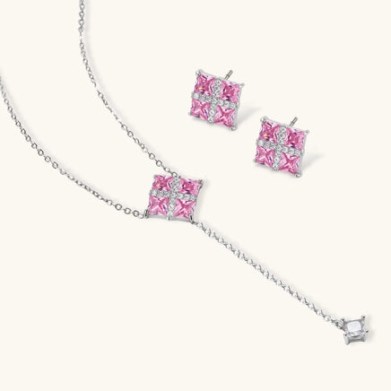 Pink Zirconia square Y necklace with matching geometric Statement Stud Earrings | Olaty