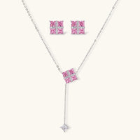 Pink Zirconia geometric Y necklace and matching Statement Stud Earrings jewelry set | Olaty