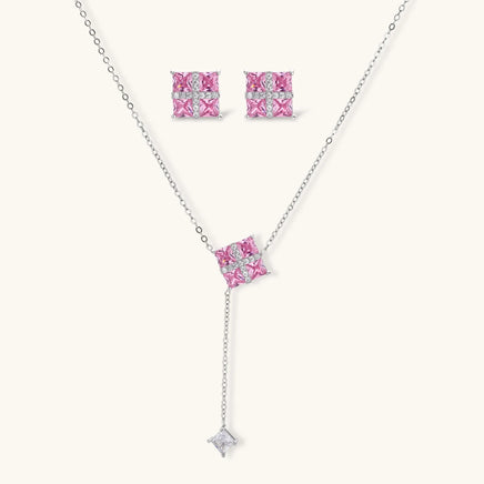 Pink Zirconia geometric Y necklace and matching Statement Stud Earrings jewelry set | Olaty