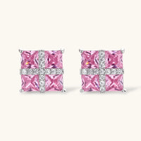 Pink square Zirconia Statement Stud Earrings with clear crystal cross detailing | Olaty