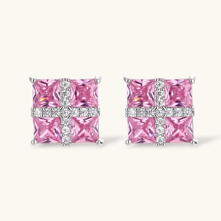 Pink square Zirconia Statement Stud Earrings with clear crystal cross detailing | Olaty