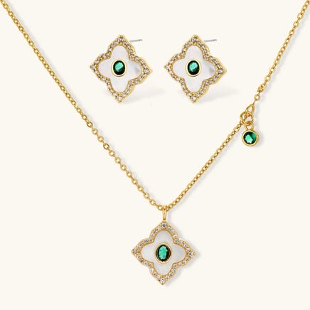 Emerald Bloom green zirconia necklace and matching floral stud earrings set | Olaty