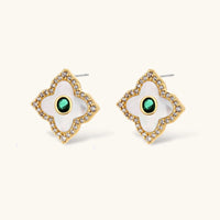 Emerald Bloom floral stud earrings with green zirconia center stones | Olaty