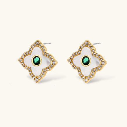 Emerald Bloom floral stud earrings with green zirconia center stones | Olaty