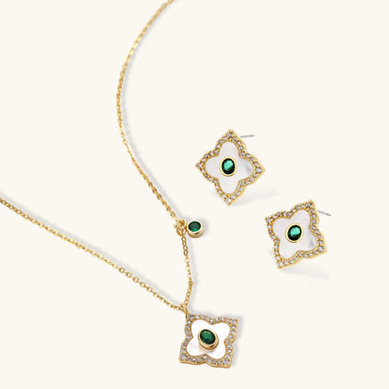 Floral necklace and stud earrings set with green zirconia and white petal details | Olaty