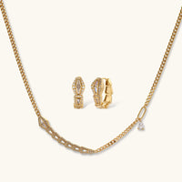 Geometric gold plated zirconia necklace and matching huggie earrings set | Olaty