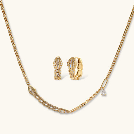 Geometric gold plated zirconia necklace and matching huggie earrings set | Olaty