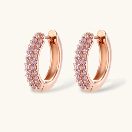 Rose pavé zirconia huggie hoop earrings with double-row stone setting | Olaty