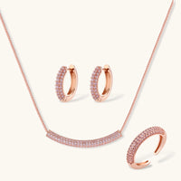 Rose pavé zirconia necklace, huggie earrings and adjustable ring jewelry set | Olaty