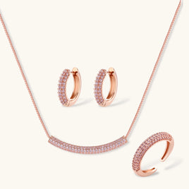 Rose pavé zirconia necklace, huggie earrings and adjustable ring jewelry set | Olaty