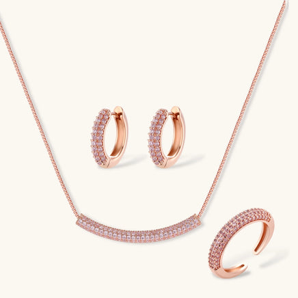 Rose pavé zirconia necklace, huggie earrings and adjustable ring jewelry set | Olaty