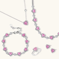 Romance Heart pink zirconia jewelry set with necklaces, earrings, bracelet and ring | Olaty