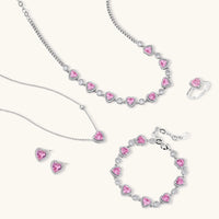 Pink heart zirconia jewelry collection with two necklaces, bracelet, earrings and ring | Olaty