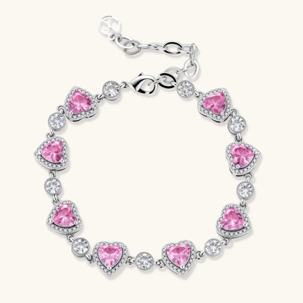 Pink heart zirconia bracelet with clear halo stones and silver tone setting | Olaty