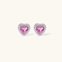 Pink heart zirconia halo stud earrings in silver tone setting | Olaty