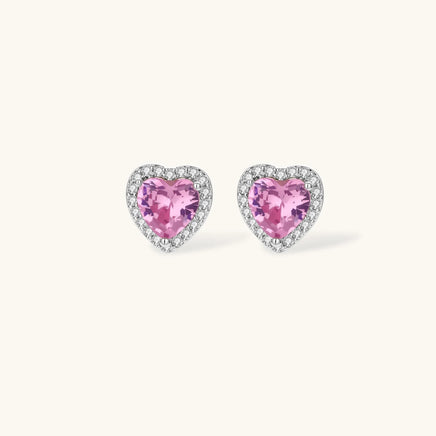 Pink heart zirconia halo stud earrings in silver tone setting | Olaty