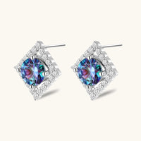 Side angled view of Rainbow Moissanite Diamond Prism Dreams Stud Earrings with prismatic round center stones | Olaty