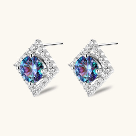 Side angled view of Rainbow Moissanite Diamond Prism Dreams Stud Earrings with prismatic round center stones | Olaty