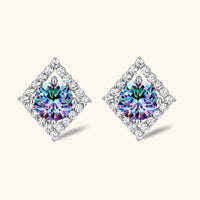 Front view of Rainbow Moissanite Diamond Prism Dreams Stud Earrings with sparkling geometric halo design | Olaty