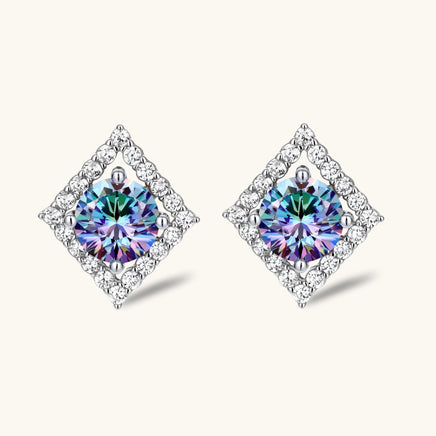 Front view of Rainbow Moissanite Diamond Prism Dreams Stud Earrings with sparkling geometric halo design | Olaty