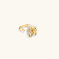 Sculptural Baroque Pearl ring with detailed gold rose and open band shown from the side | Olaty