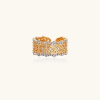 Two-tone lattice crystal statement ring with geometric gold-tone mesh and sparkling zirconia, front view | Olaty