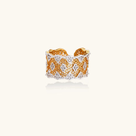 Honeycomb crystal statement ring with gold-tone lattice and sparkling zirconia details, front view | Olaty