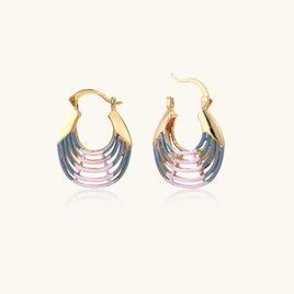 Blue and pink enamel ripple hoop earrings shown with open and closed hinged clasps | Olaty