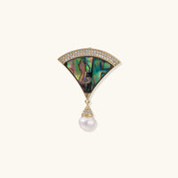 Iridescent abalone shell fan brooch with crystal-set gold frame and dangling white pearl | Olaty