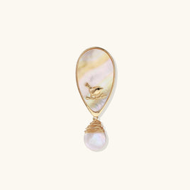 Songbird shell brooch with iridescent oval shell, gold bird motif and baroque pearl drop | Olaty