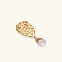 Back view of shell bird brooch showing gold pin fastening and suspended baroque pearl | Olaty