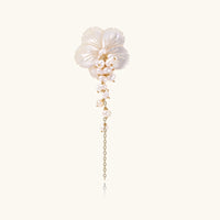 Pearl Cascade Pansy Brooch with carved white shell flower and cascading freshwater pearls | Olaty