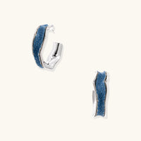 Denim sculpted hoop earrings with blue fabric inlay and polished silver-tone edges | Olaty