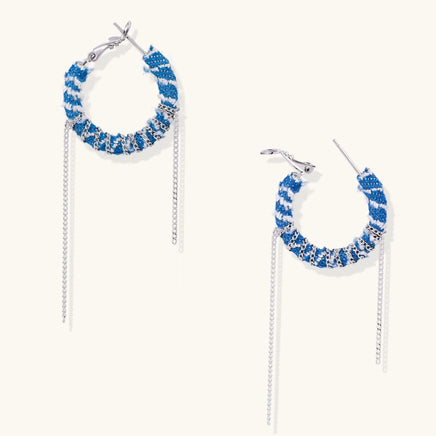 Denim Dream hoop earrings wrapped in blue and white denim fabric with silver-tone chains and long chain drops | Olaty