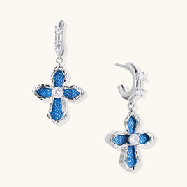 Denim cross drop earrings with blue fabric inlay, zirconia centers and silver-tone hoops | Olaty