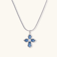 Denim Cross Pendant Necklace with blue denim inlay, white gold-tone setting and sparkling central zirconia | Olaty