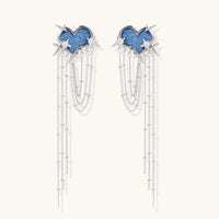 Blue denim heart statement earrings with silver-tone star accents, zirconia and cascading chains | Olaty