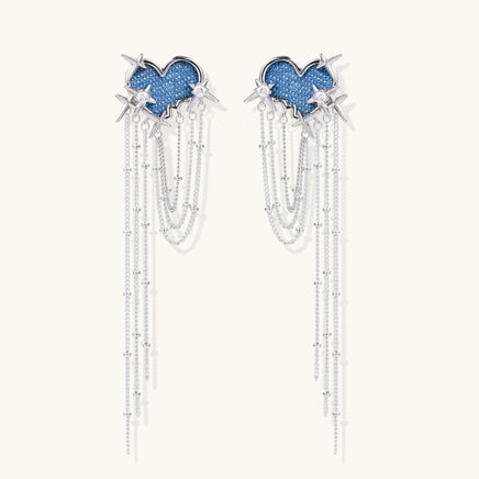 Blue denim heart statement earrings with silver-tone star accents, zirconia and cascading chains | Olaty