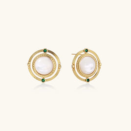 Mother of Pearl and green Zirconia round stud earrings with ornate gold-tone circular frames, angled view | Olaty
