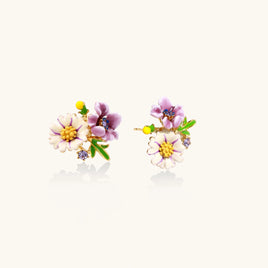 Colorful wildflower stud earrings with white and purple enamel flowers, green leaves and gold details | Olaty