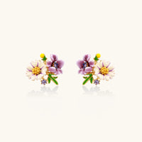Cluster-style stud earrings with purple pansies, white daisies, yellow centers, and green leaves in glossy enamel finish