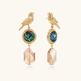 Gold songbird drop earrings with iridescent abalone shell and faceted champagne crystal drops | Olaty