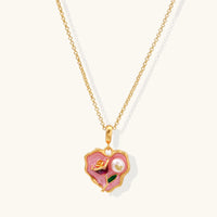 Pink heart pendant necklace with floral enamel, Freshwater Pearl and gold detailing | Olaty